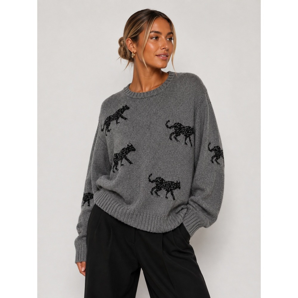 Rails Perci Ash Jungle Cat Gray Cotton Cashmere Leopard Sweater M